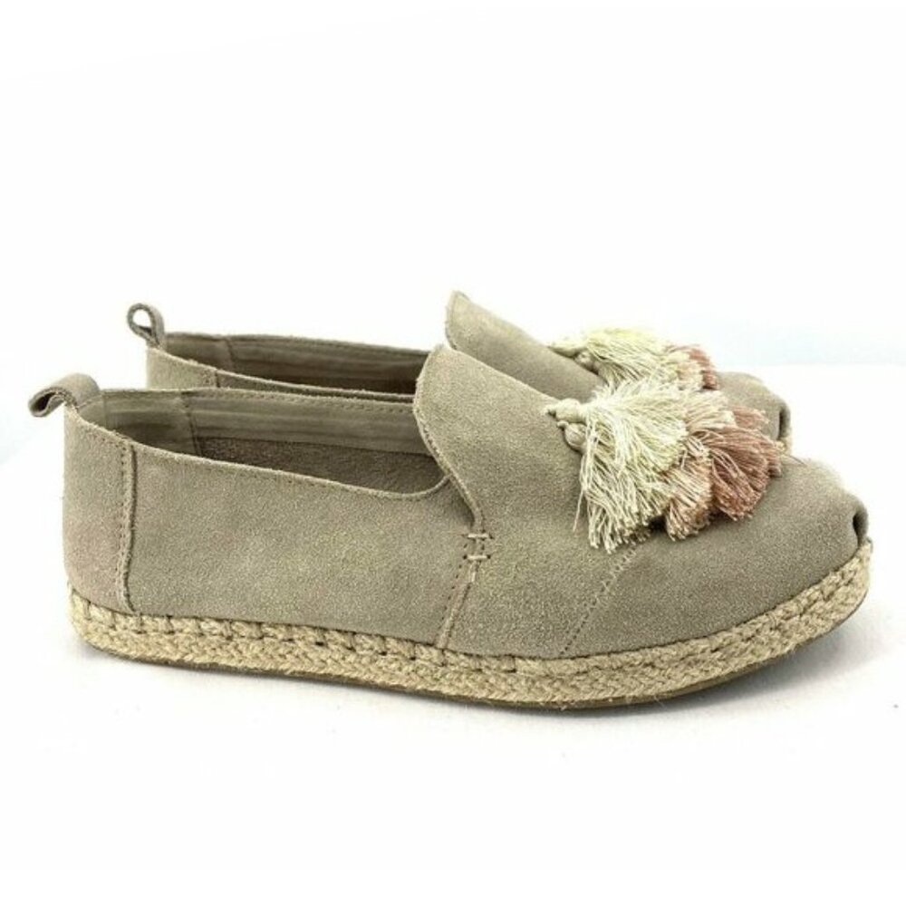 Tom's Deconstructed Alpargata Beige/Cream Suede Pink Tassel Pom Pom Espadrilles